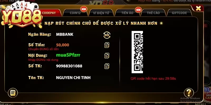 Nạp tiền YO88 qua mã Code Pay